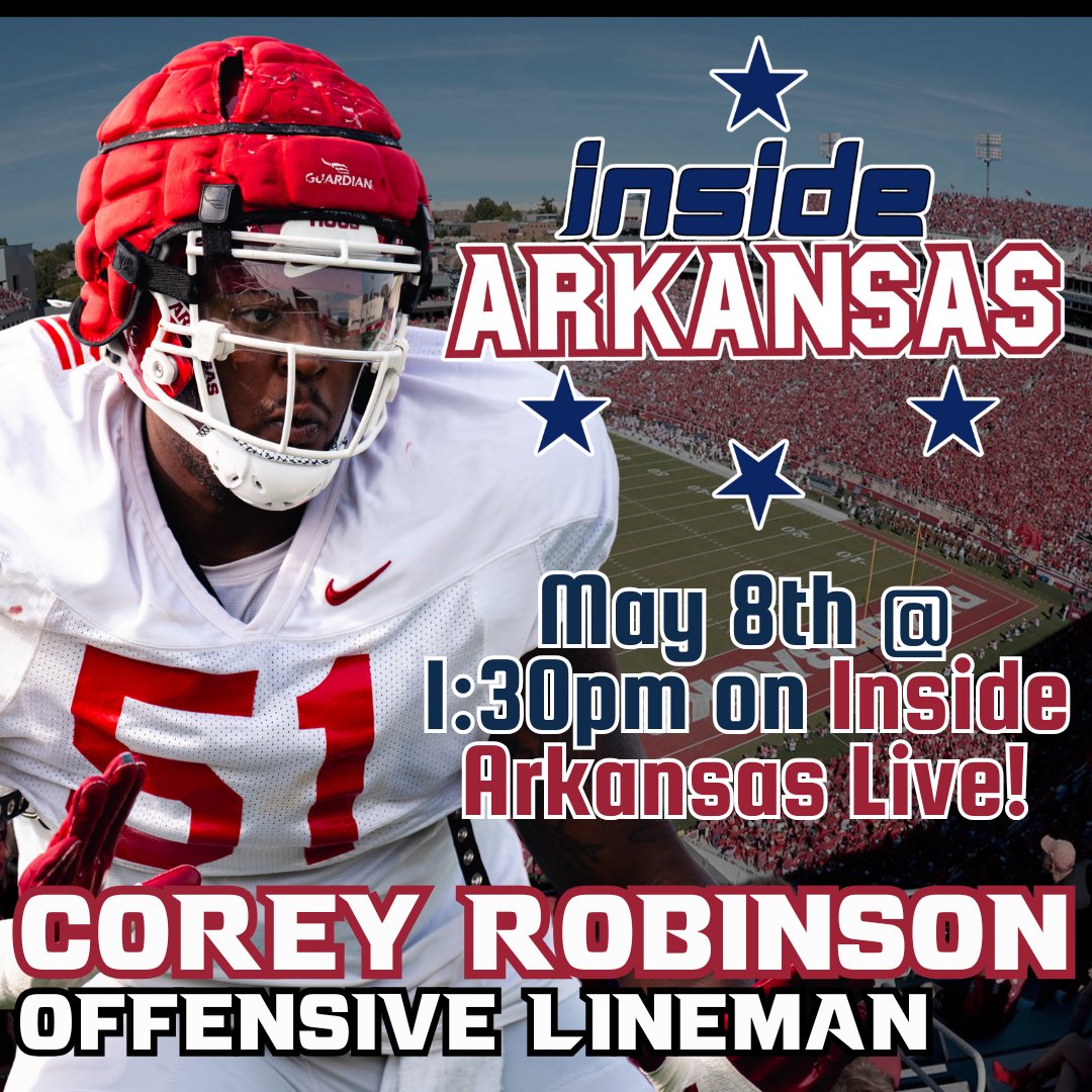 We will have Razorback OL Corey Robinson (<a href="/coreyrobinson76/">Corey Robinson II</a>)  on Inside Arkansas Live tomorrow at 1:30pm!

Get to know Corey as he discusses his journey from Georgia Tech to Arkansas, what his goals are this season, and who he is as a person!

youtube.com/@insidearkansas