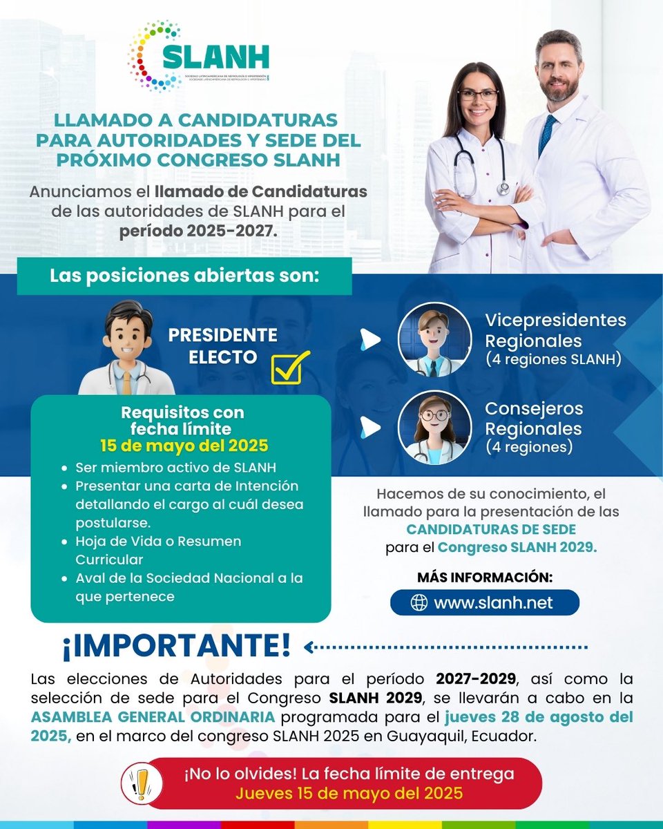 🗳️ ¡Llamado Oficial a Candidaturas SLANH!
¡Forma parte del liderazgo de la Nefrología Latinoamericana!

📖 Consulta los estatutos de SLANH 👉 slanh.net/estatutos/
