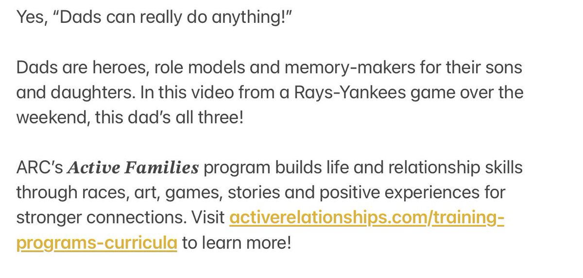Dads are heroes, role models &amp; memory-makers for their sons &amp; daughters. In this video from a Rays-Yankees game over the weekend, this dad’s all three! tinyurl.com/ARCvideo260

Active Families builds strong life skills with races, art, games &amp; stories. tinyurl.com/ActiveRelaProg…