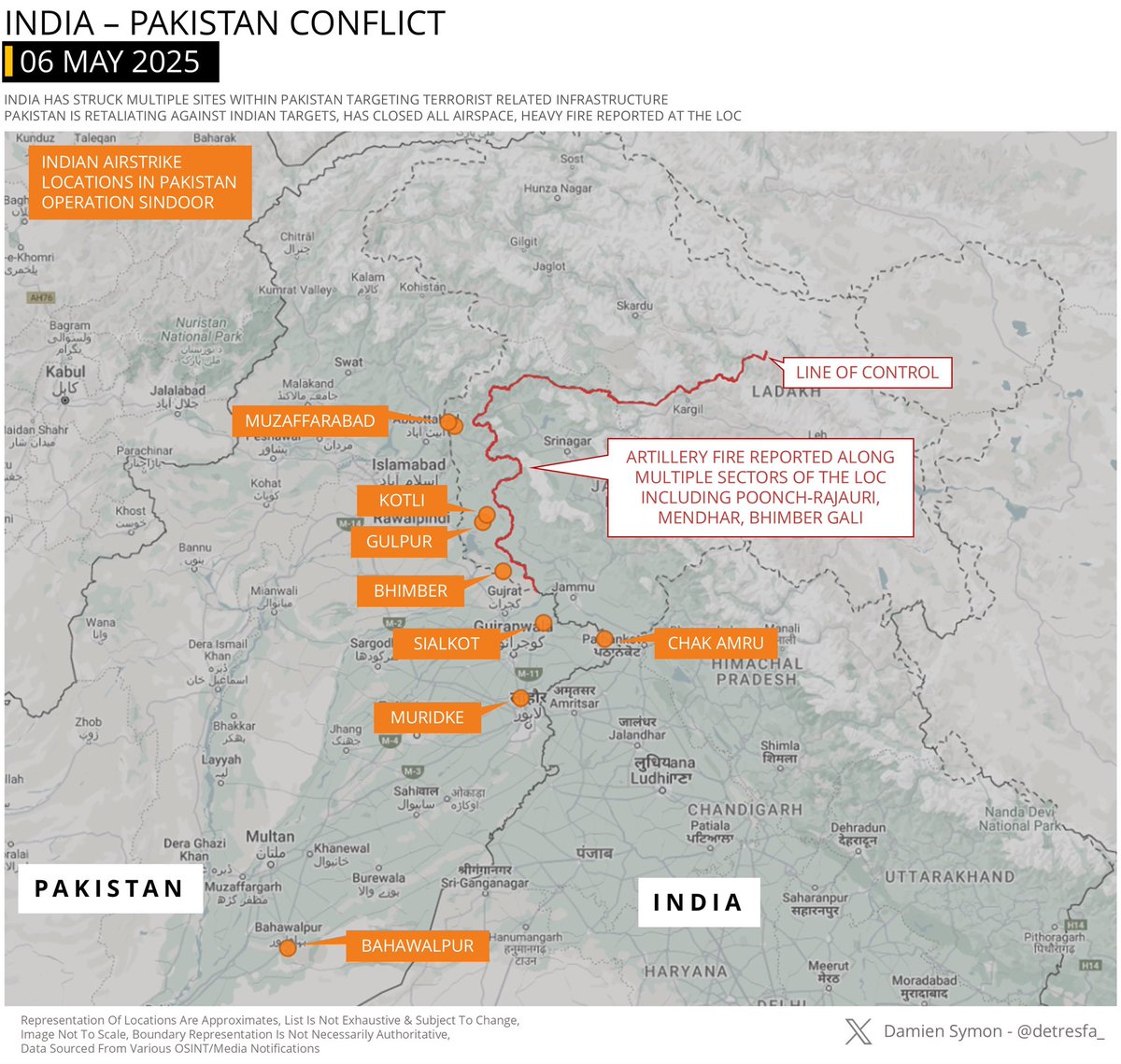 Clear map of where Indian missiles hit this morning as part of Operation Sindoor. (map/<a href="/detresfa_/">Damien Symon</a>)