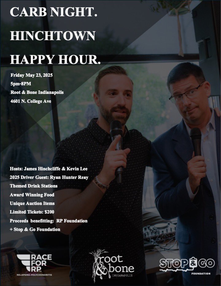 Kevin Lee (@kevinlee23) on Twitter photo The 2nd <a href="/Hinchtown/">James Hinchcliffe</a> Happy Hour @ Root & Bone in Broad Ripple! Friday May 23rd 5-8PM to benefit <a href="/RP_Organization/">Relapsing Polychondritis Foundation</a> <a href="/RaceForRP/">Race for RP</a> + The Stop & Go Foundation. Great food/drink, auction items, live painting from Roger Warrick & 2014 #Indy500 winner <a href="/RyanHunterReay/">Ryan Hunter-Reay</a> among our guests! The 2nd <a href="/Hinchtown/">James Hinchcliffe</a> Happy Hour @ Root & Bone in Broad Ripple! Friday May 23rd 5-8PM to benefit <a href="/RP_Organization/">Relapsing Polychondritis Foundation</a> <a href="/RaceForRP/">Race for RP</a> + The Stop & Go Foundation. Great food/drink, auction items, live painting from Roger Warrick & 2014 #Indy500 winner <a href="/RyanHunterReay/">Ryan Hunter-Reay</a> among our guests!