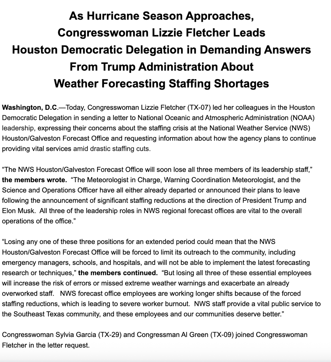 Texas Signal (@texassignal) on Twitter photo INBOX: <a href="/RepFletcher/">Rep. Lizzie Fletcher</a> and the rest of the Houston Democratic congressional caucus send letter to NOAA over terminations at the Houston/Galveston Forecasting Office weeks away from hurricane season INBOX: <a href="/RepFletcher/">Rep. Lizzie Fletcher</a> and the rest of the Houston Democratic congressional caucus send letter to NOAA over terminations at the Houston/Galveston Forecasting Office weeks away from hurricane season