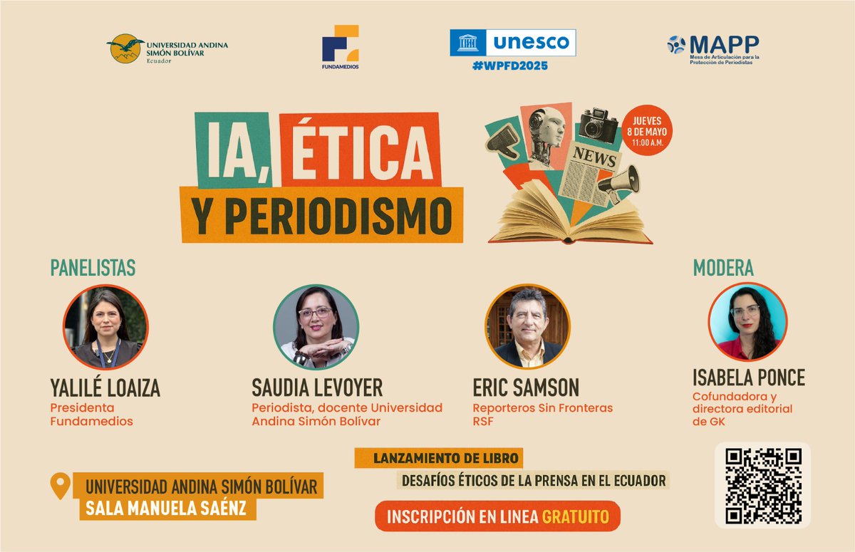 🧠💬 ¿Cómo afecta la inteligencia artificial a la ética periodística?
Este 8 de mayo a las 11:00 a. m., acompáñanos al conversatorio “IA, ética y periodismo” en la Universidad Andina Simón Bolívar.

🎙️ Con la moderación de <a href="/itsabela/">Isabela Ponce</a>, cofundadora de <a href="/GKecuador/">GK</a>, y la participación