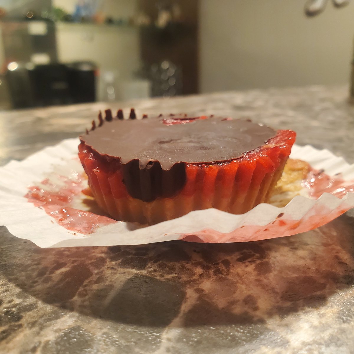 Made some homemade peanut butter cups kinda bottom peanut butter, strawberry, then chocolate found on Instagram