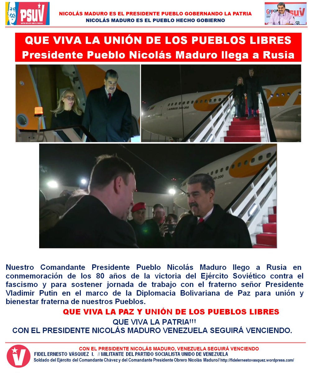 FIDEL E. VASQUEZ I. (@fidelvasquepsuv) on Twitter photo Nuestro Presidente <a href="/NicolasMaduro/">Nicolás Maduro</a> llego a Rusia en conmemoración de los 80 años de la victoria del Ejército Soviético contra el fascismo y para sostener jornada de trabajo con el fraterno Presidente Vladimir Putin
wp.me/plhwe-9Kp Nuestro Presidente <a href="/NicolasMaduro/">Nicolás Maduro</a> llego a Rusia en conmemoración de los 80 años de la victoria del Ejército Soviético contra el fascismo y para sostener jornada de trabajo con el fraterno Presidente Vladimir Putin
wp.me/plhwe-9Kp