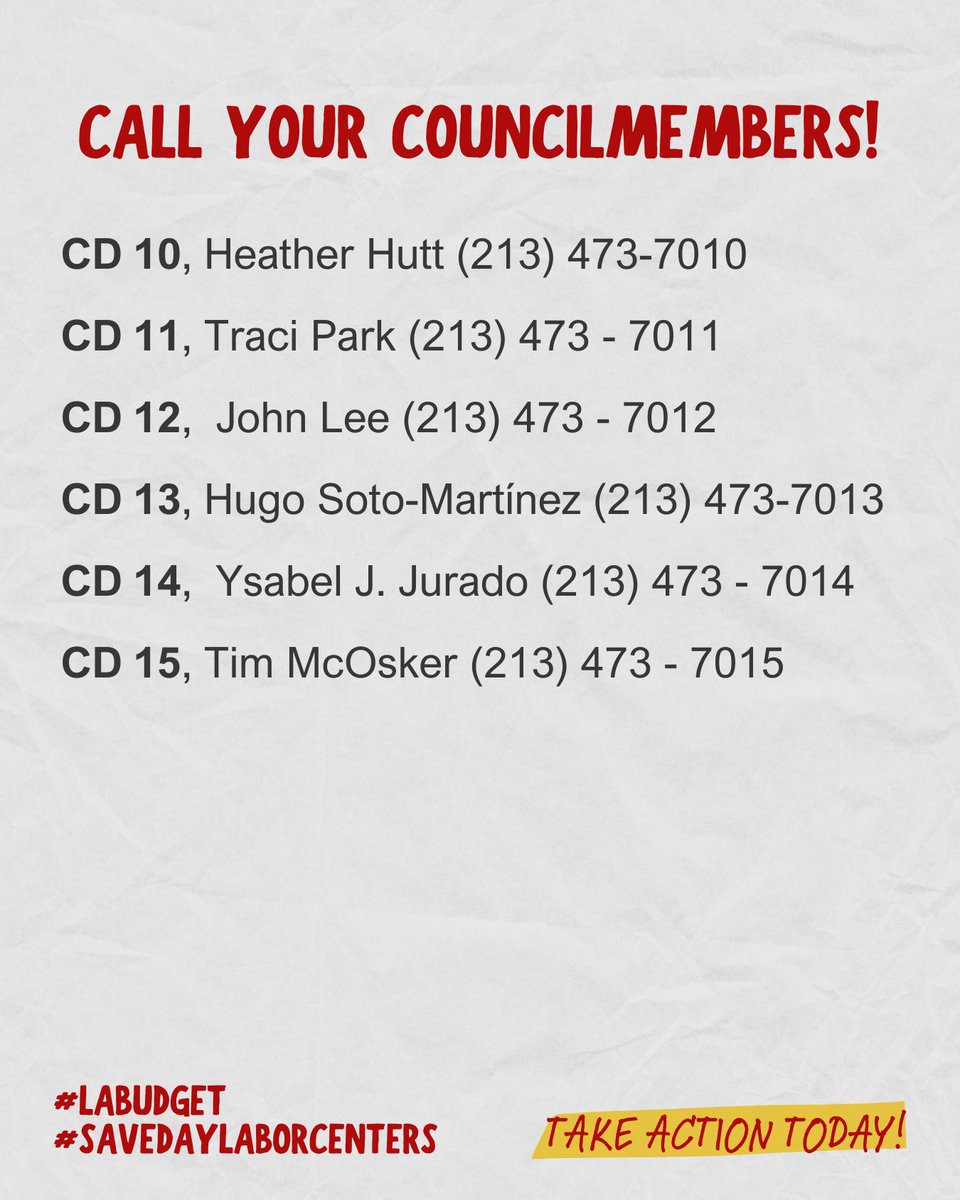 🚨ALERTA! The <a href="/MayorOfLA/">Mayor Karen Bass</a>’s proposed budget excludes funding for LA’s crucial Day Labor Centers. We call on <a href="/LACityCouncil/">LA City Council</a> to restore funding to DLCs in the budget process to continue critical services for workers in LA. #SaveDayLaborCenters 
🚨Here’s how you can help: