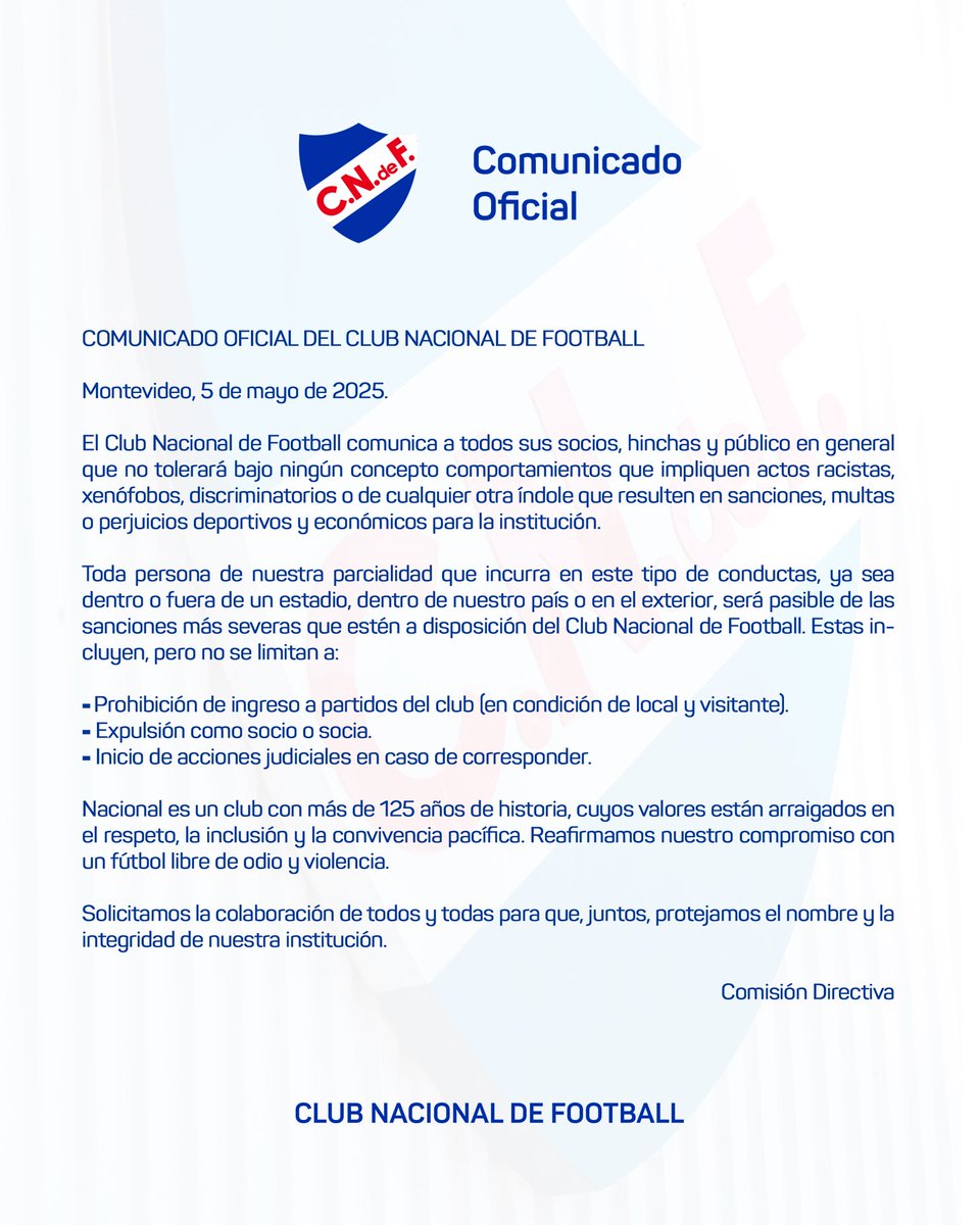 📌 Comunicado oficial de la Comisión Directiva del Club Nacional de Football