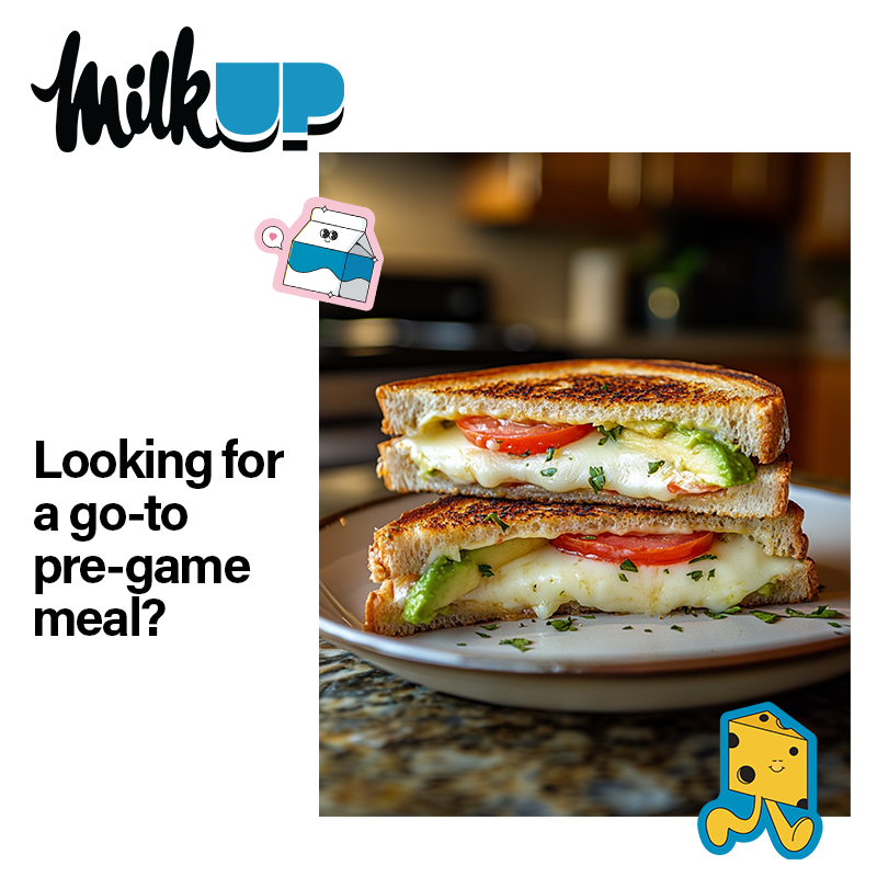 Looking for a go-to pre-game meal? 🥑🍅🧀 Try this mouth-watering tomato, avocado, and cheese sandwich! Packed with fresh veggies and melty cheese, it's the perfect way to eat healthy without sacrificing flavor. Follow @milkupontario for more tasty tips. hubs.li/Q03khjlL0