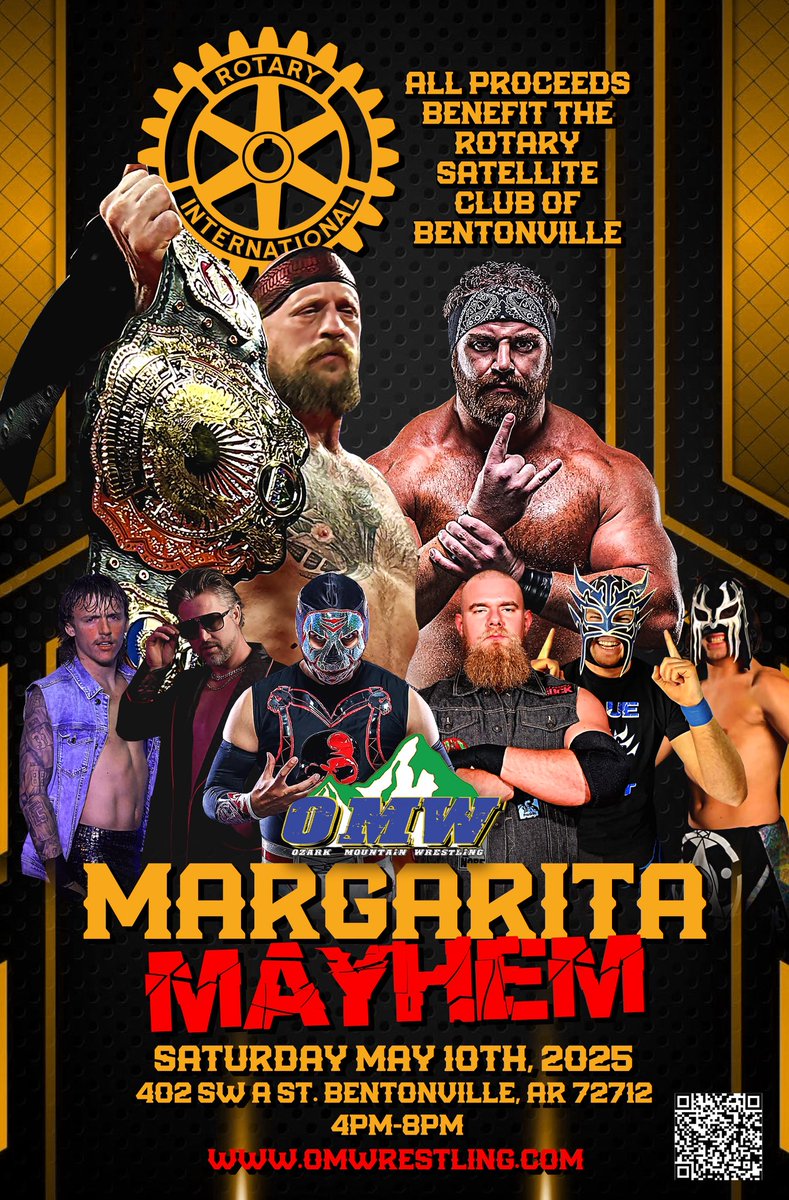 MARGARITA MAYHEM is this Saturday (5/10)!!! Get ready for a night of delicious margaritas, tasty tacos, and thrilling entertainment!

All proceeds benefit the Rotary Satellite Club of Bentonville and their efforts to support the community!

🎟 Tickets eventbrite.com/e/margarita-ma…