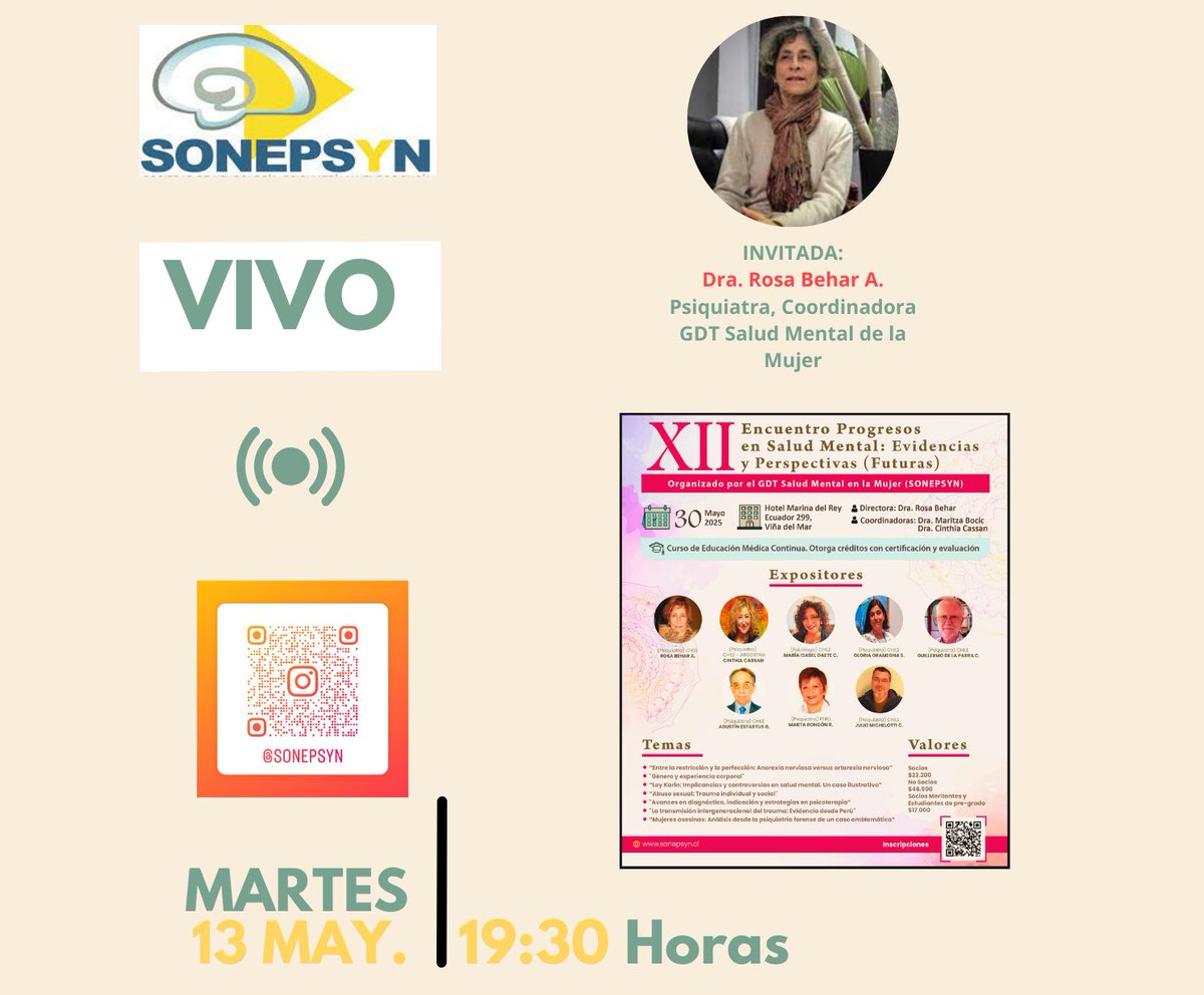 Sonepsyn Chile (@sonepsynchile) on Twitter photo Conectémonos 🧩
Se viene el XII Encuentro Progresos en Salud Mental: Evidencias y Perspectivas (Futuras) y para conocer los preparativos, programa e invitados, conversaremos con la Dra. Rosa Behar, psiquiatra y Coordinadora del GDT de Salud Mental de la Mujer. Conectémonos 🧩
Se viene el XII Encuentro Progresos en Salud Mental: Evidencias y Perspectivas (Futuras) y para conocer los preparativos, programa e invitados, conversaremos con la Dra. Rosa Behar, psiquiatra y Coordinadora del GDT de Salud Mental de la Mujer.