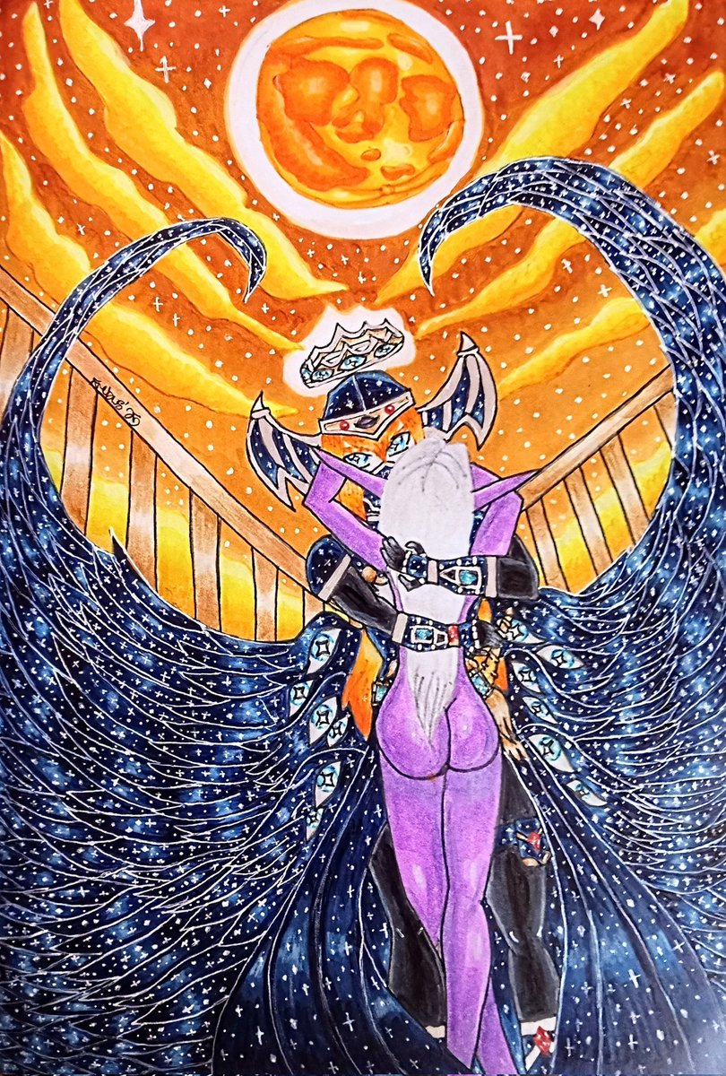 Studio_Reaper's tweet image. #DnD #fantasy #surrealism #horror #moon #angel #knight #eyes #copic #ocart
    A private embrace takes place amongst the amber moon. With his wings and armor resembling the night sky, Azrael looks on, reaching for his blade in case if anything were to happen. 
  - Erebus 💀