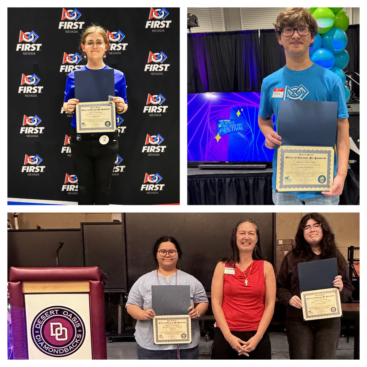 🎉 Big congrats to Madeline, Chloe, Angelina &amp; Caden—amazing <a href="/FIRSTNevada/">FIRST Nevada</a> student volunteers honored with the Governor’s Volunteer Recognition Certificate &amp; Pin! 🏅Your service &amp; leadership inspire us all! 💙
To learn more visit: nevadavolunteers.org/recognition/#g…