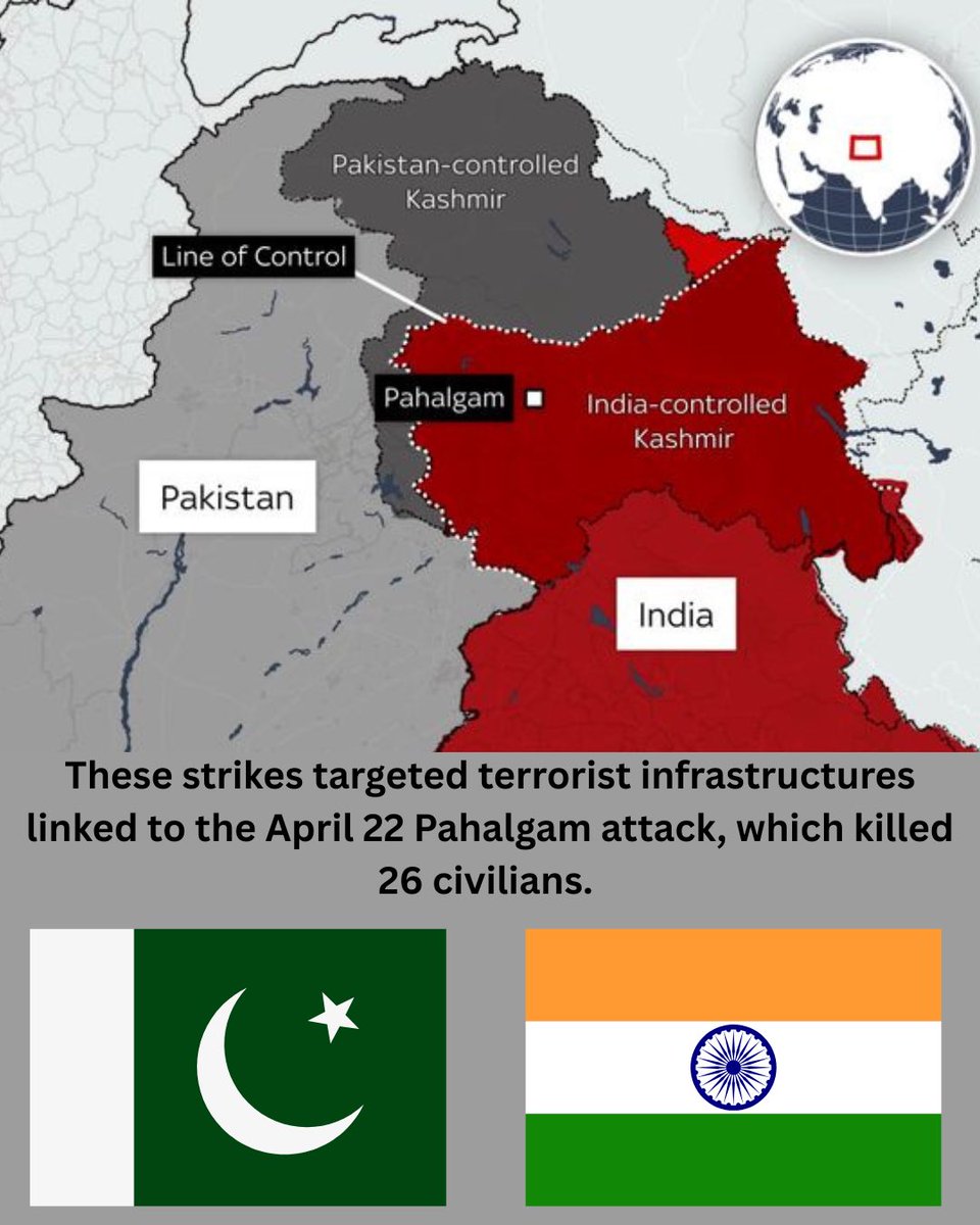 Finance_2025's tweet photo. India launched missile strikes on 9 terror-linked sites in Pakistan and Pakistan-occupied Kashmir in response to the April 22 Pahalgam attack. Pakistan reported civilian casualties. Tensions have escalated, with global calls for restraint. #IndiaPakistanTensions #NewsUpdate #may6 https://t.co/uXXrA2TJOr