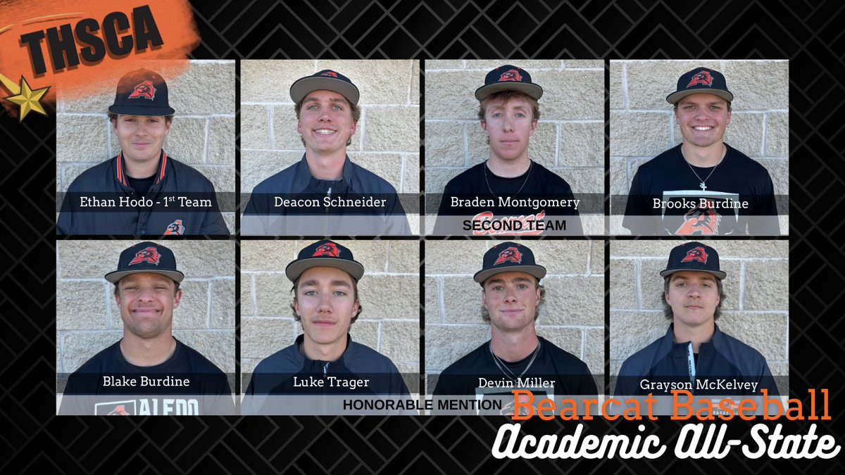 Aledo Bearcat Baseball (@ahsbsblbooster) on Twitter photo Congrats to 8️⃣ Bearcat Baseball seniors for being honored on the <a href="/THSCAcoaches/">THSCA</a> Academic All-State team!
⚾️<a href="/ethanhodo2/">Ethan Hodo</a> 1st team
⚾️<a href="/DeaconSchneider/">Deacon Schneider</a>, Braden Montgomery, <a href="/BrooksBurdine28/">Brooks Burdine</a> 2nd team
⚾️<a href="/BlakeBurdine/">Blake Burdine</a>, <a href="/luketrager9/">Luke Trager</a>, <a href="/DevinMiller2025/">Devin Miller</a> & <a href="/GraysonMckelvey/">Grayson Mckelvey</a> honorable mention Congrats to 8️⃣ Bearcat Baseball seniors for being honored on the <a href="/THSCAcoaches/">THSCA</a> Academic All-State team!
⚾️<a href="/ethanhodo2/">Ethan Hodo</a> 1st team
⚾️<a href="/DeaconSchneider/">Deacon Schneider</a>, Braden Montgomery, <a href="/BrooksBurdine28/">Brooks Burdine</a> 2nd team
⚾️<a href="/BlakeBurdine/">Blake Burdine</a>, <a href="/luketrager9/">Luke Trager</a>, <a href="/DevinMiller2025/">Devin Miller</a> & <a href="/GraysonMckelvey/">Grayson Mckelvey</a> honorable mention