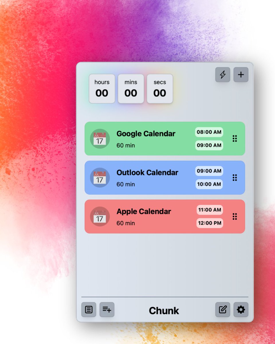 AppChunk's tweet photo. You asked, we listened.
Calendar integration is coming to Chunk! 📷
In the next few weeks, you’ll be able to connect your Google, Outlook, and Apple calendars - making it easier than ever to timeblock around your existing meetings.
Stay tuned 📷
#productivity #macos #adhd https://t.co/sGnKSbU2g6