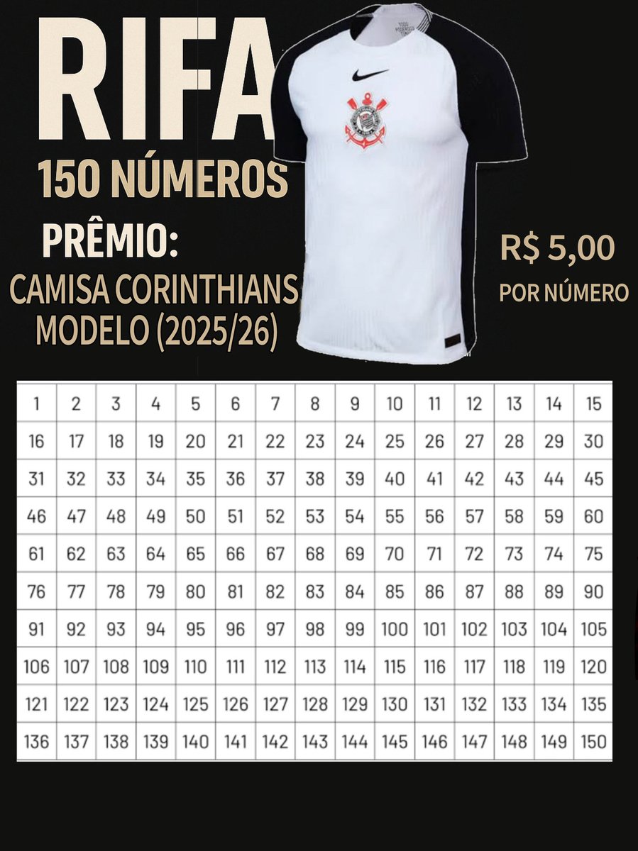 CultWolverine's tweet image. Como falei anteriormente, estou juntando dinheiro para uma viagem aonde estarei prestando um concurso (como músico)
Para conseguir o valor da passagem, estou fazendo essa rifa, valendo uma camisa do Corinthians (2025/26) original
5 reais por número, interessados DM