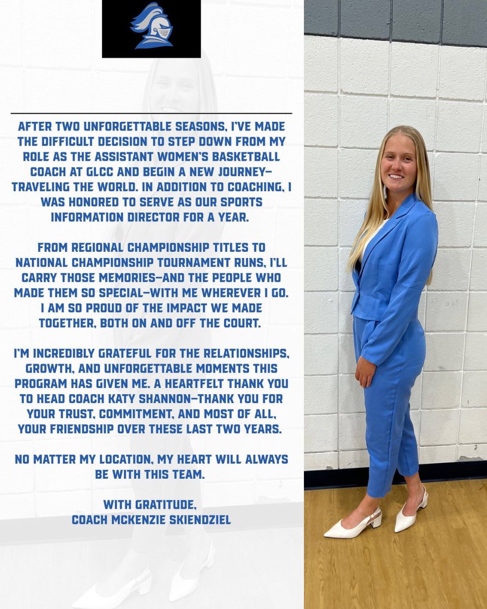 Great Lakes Christian College Women's Basketball (@glccwbasketball) on Twitter photo Assistant Coach McKenzie Skiendziel resigns after dedicating her time to GLCC Womenโs Basketball, following two historical years ๐ค Assistant Coach McKenzie Skiendziel resigns after dedicating her time to GLCC Womenโs Basketball, following two historical years ๐ค