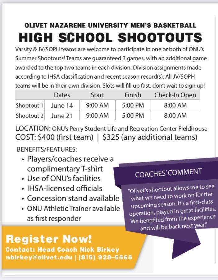 🏀2025 HS SHOOTOUTS🏀
Less than 4️⃣0️⃣ days away! 
RESERVE your spot(s) today! 
Check out our flyer ⬇️⬇️. 
Contact coach Birkey to sign-up! #TiGERTOUGH <a href="/ONUAthletics/">ONU Tigers</a> <a href="/olivetnazarene/">Olivet Nazarene</a> <a href="/IHSA_IL/">Illinois High School Association #IHSA</a> <a href="/IHSAA1/">IHSAA</a>