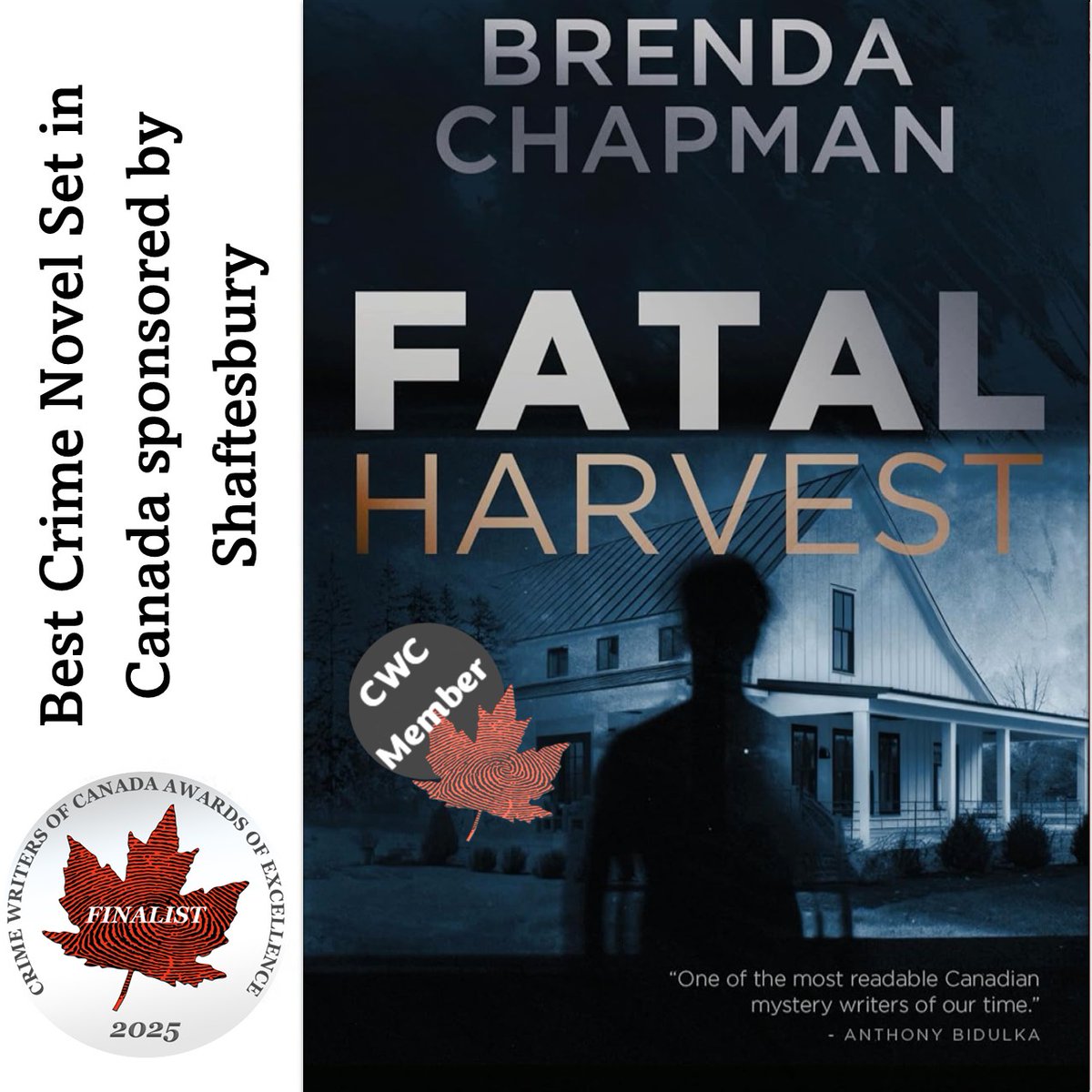 Congrats to <a href="/brendaAchapman/">Brenda Chapman</a>. Her novel, FATAL HARVEST, is nominated for The Best Crime Novel Set in Canada sponsored by Shaftesbury with a $500 prize.

Brenda will be our guest tomorrow on the Crime Writers of Canada Podcast.

#crimenovel #AwardsofExcellence #canadiansetting