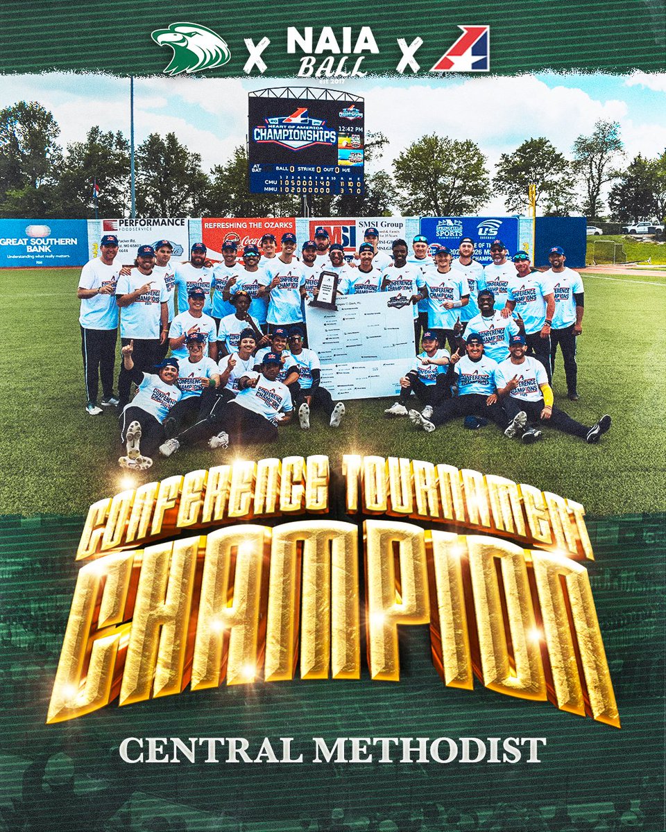 🏆TICKET PUNCHED    

Congratulations to Central Methodist (MO) (35-13) on winning the Heart Of America Tournament Championship!

The Eagles dominated all week outscoring their opponents 61-27 in their 4 games and took down #4 Mount Mercy (IA) in the championship game to win