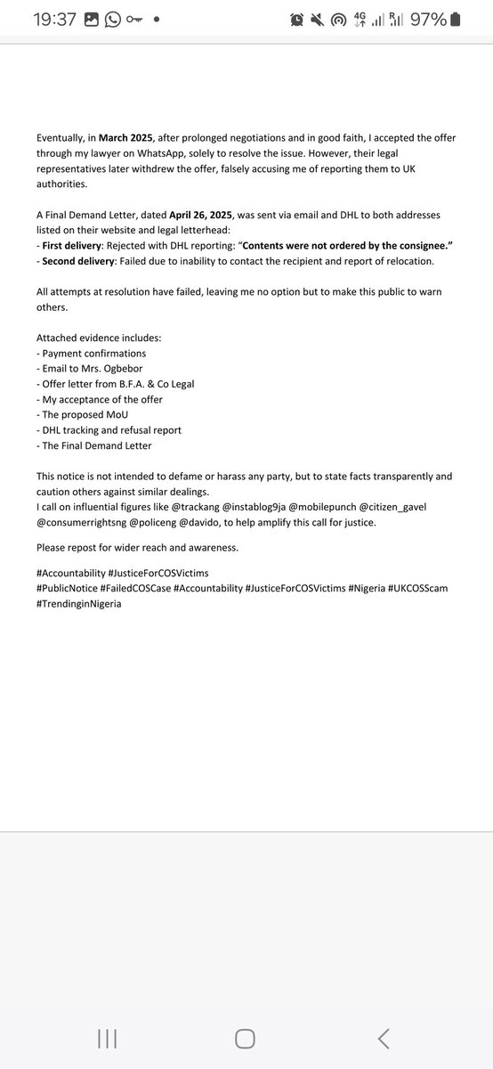 primhajar's tweet photo. PUBLIC NOTICE! Part 1
This notice is not intended to defame or harass any party, but to state facts transparently and caution others.
I call on influential figures like @trackang @instablog9ja @mobilepunch @citizen_gavel @policeng @davido, to help amplify this call for justice. https://t.co/p7fealRiHZ