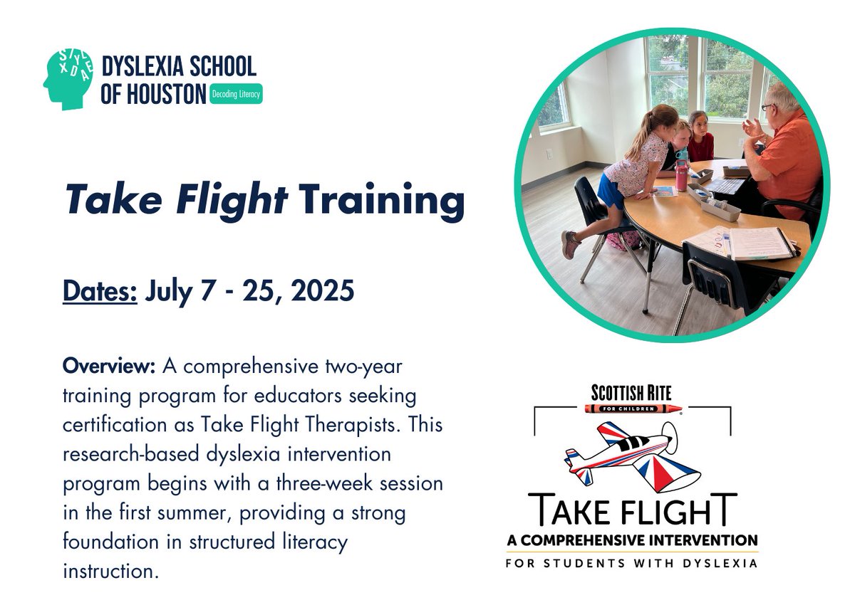 Dyslexia (@dyslexia_htx) on Twitter photo STILL ACCEPTING APPLICATIONS for our 2025 Take Flight Therapist Training Course! The deadline is MONDAY, MAY 12!
Register here to request an application: form.jotform.com/250274623259155 OR email us at therapist.training@dyslexiahouston.org. STILL ACCEPTING APPLICATIONS for our 2025 Take Flight Therapist Training Course! The deadline is MONDAY, MAY 12!
Register here to request an application: form.jotform.com/250274623259155 OR email us at therapist.training@dyslexiahouston.org.