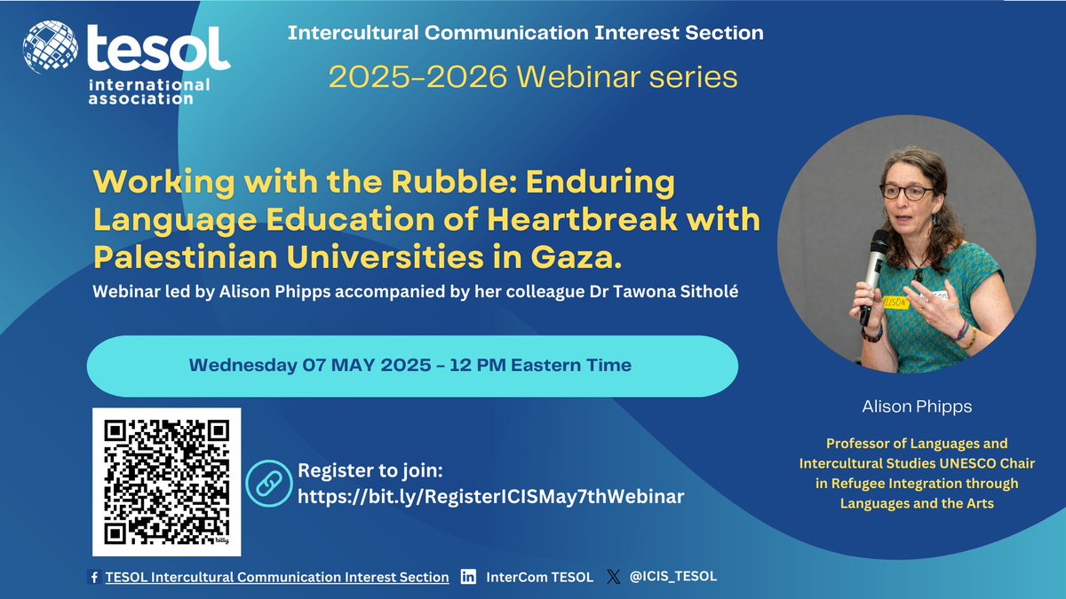 Register to join us for our next TESOL ICIS webinar on May 7th, 2025 at 12PM led by Professor Alison Phipps, accompanied by her colleague Dr Tawona Sitholé
Link to register:
lnkd.in/eRE-wAX9