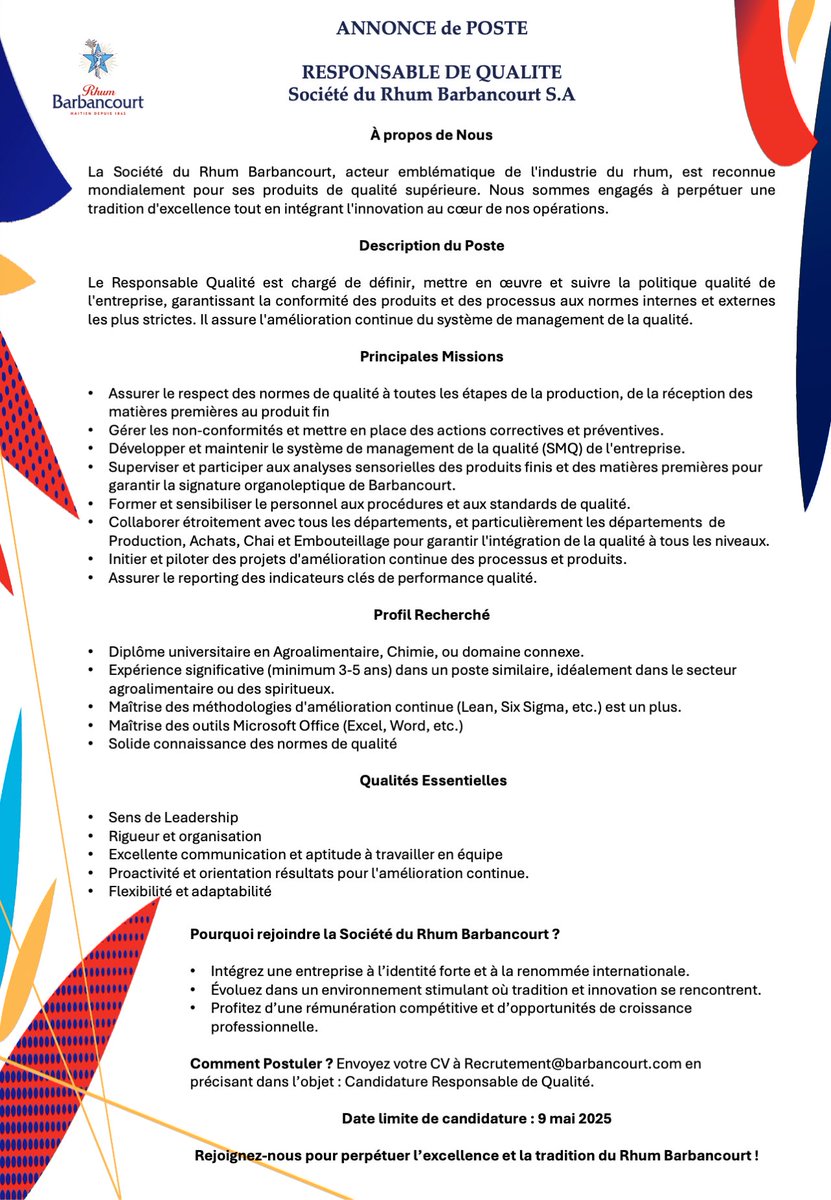 Rhum Barbancourt (@barbancourtht) on Twitter photo Rhum Barbancourt recrute!
Nous sommes à la recherche d’un Responsable de qualité.
Envoyez votre CV à: recrutement@barbancourt.com suivant les instructions de l’annonce. Rhum Barbancourt recrute!
Nous sommes à la recherche d’un Responsable de qualité.
Envoyez votre CV à: recrutement@barbancourt.com suivant les instructions de l’annonce.