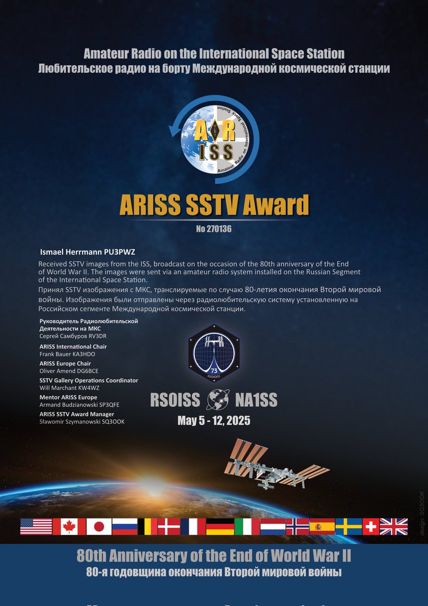 IsmaelHerrmann's tweet image. Muito obrigado @ARISS_Intl pelo diploma, mais um para a coleção #Ariss #sstv #satelite #iss #amsat #issfanclub #PU3PWZ #Russia