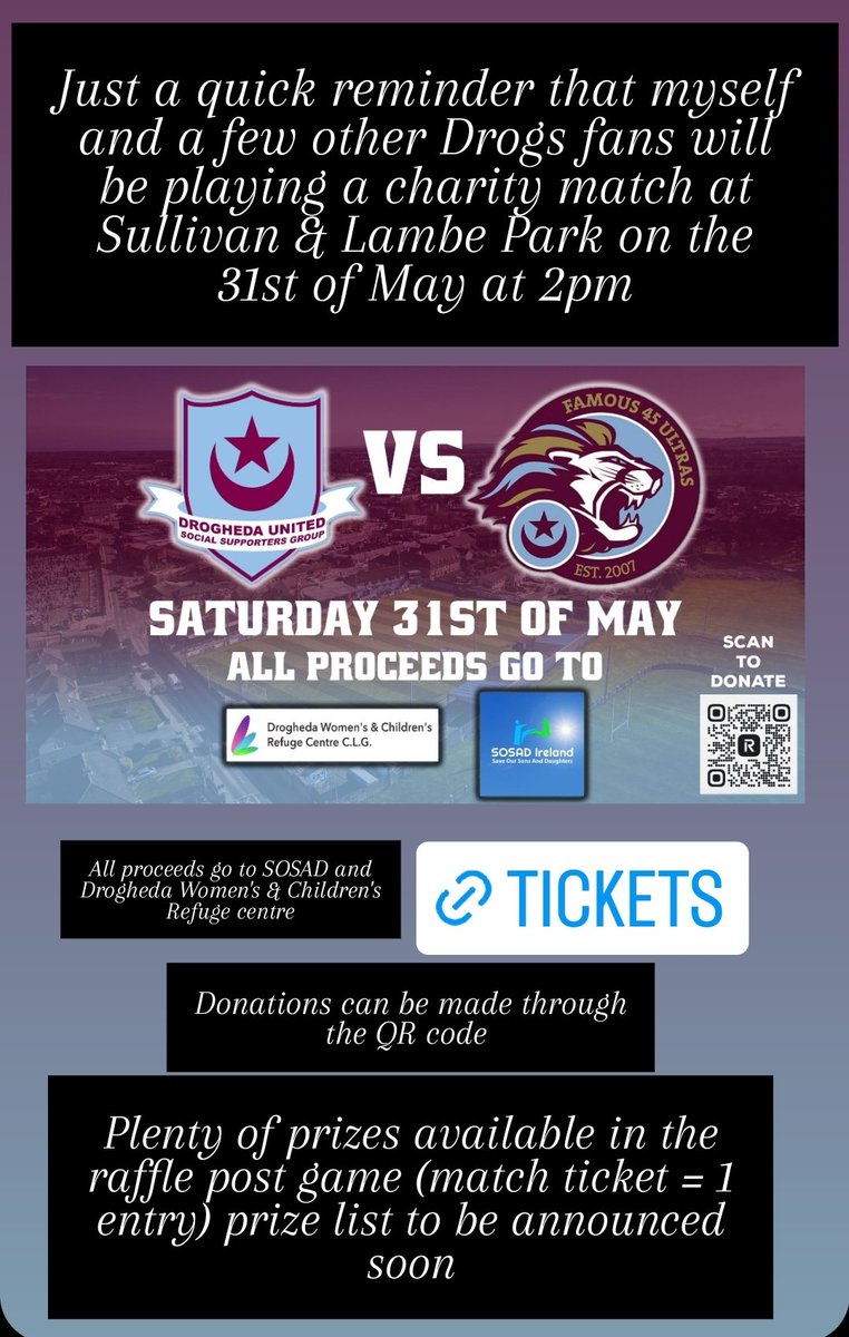 Hello my dear followers on X/Twitter 
This is me reaching out to you all regarding a charity event i will be partaking in on the 31st of March at 2pm in Sullivan &amp; Lambe Park

All information is on the image attached with tickets at the link below ❤️

droghedaunited.ie/ticketing/