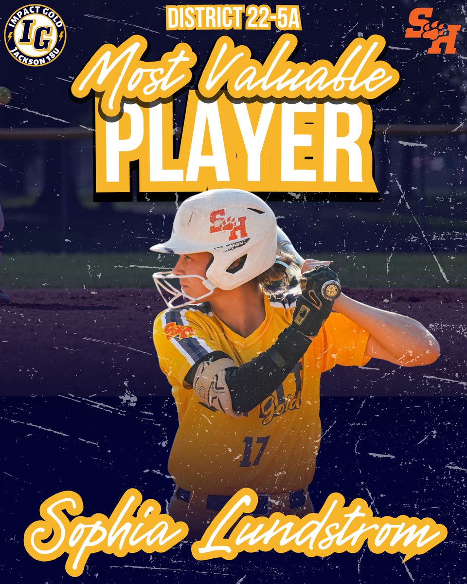 Impact Gold Jackson 18U๐ฅ (@ig_jackson18u) on Twitter photo ONE OF ONE!! Congratulations to Sam Houston State signee Sophia Lundstrom for being named the 22-5A District MVP!! Finished the season batting a staggering .738!! Weโre so proud of you <a href="/SophiaLundstrom/">Sophia Lundstrom</a>!!
#betheimpact #trusttheprocess #goldblooded #igjackson18u ONE OF ONE!! Congratulations to Sam Houston State signee Sophia Lundstrom for being named the 22-5A District MVP!! Finished the season batting a staggering .738!! Weโre so proud of you <a href="/SophiaLundstrom/">Sophia Lundstrom</a>!!
#betheimpact #trusttheprocess #goldblooded #igjackson18u