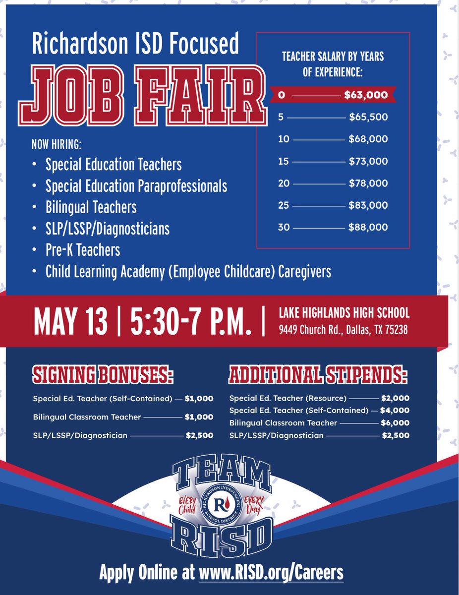Calling All SPED, Bilingual,  Prek, Child Caregivers, LSSP, SLP, and Diagnosticians.   Are you ready to Be the One?  Come join #TeamRISD at our Focus Job Fair at Lake Highlands High School on May 13th from 5:30pm-7pm.  Bilingual and SPED stipends.   Highest Paid in DFW area!