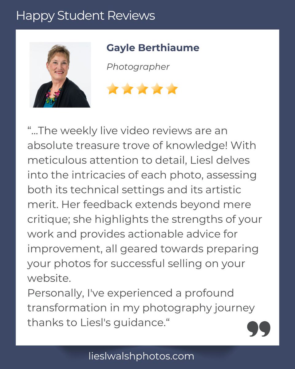 LieslWalsh's tweet image. Received a happy #review from Gayle Berthiaume who's taking my #editingclass! Thank you, Gayle!
Join my editing zooms free for 30 days and get feedback on your #photos!
lieslwalshphotos.com/mastering-phot…
#lightroom #photoshop #adobelightroom #editingskills #photoediting