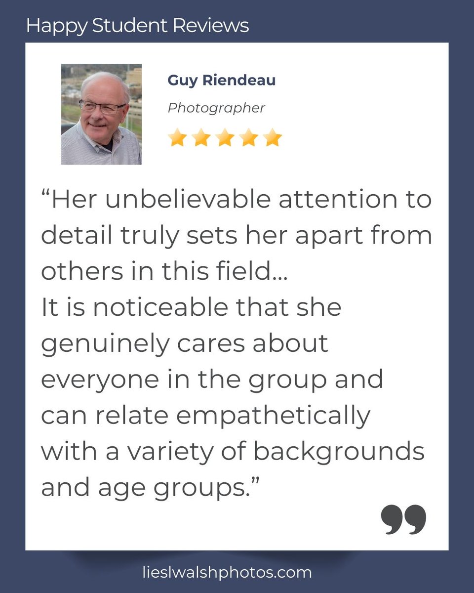 LieslWalsh's tweet image. Received a happy #review from Guy Riendeau who's taking my #editingclass! Thank you, Guy!
Join my editing zooms free for 30 days and get feedback on your #photos!
lieslwalshphotos.com/mastering-phot…
#lightroom #photoshop #adobelightroom #editingskills #photoediting