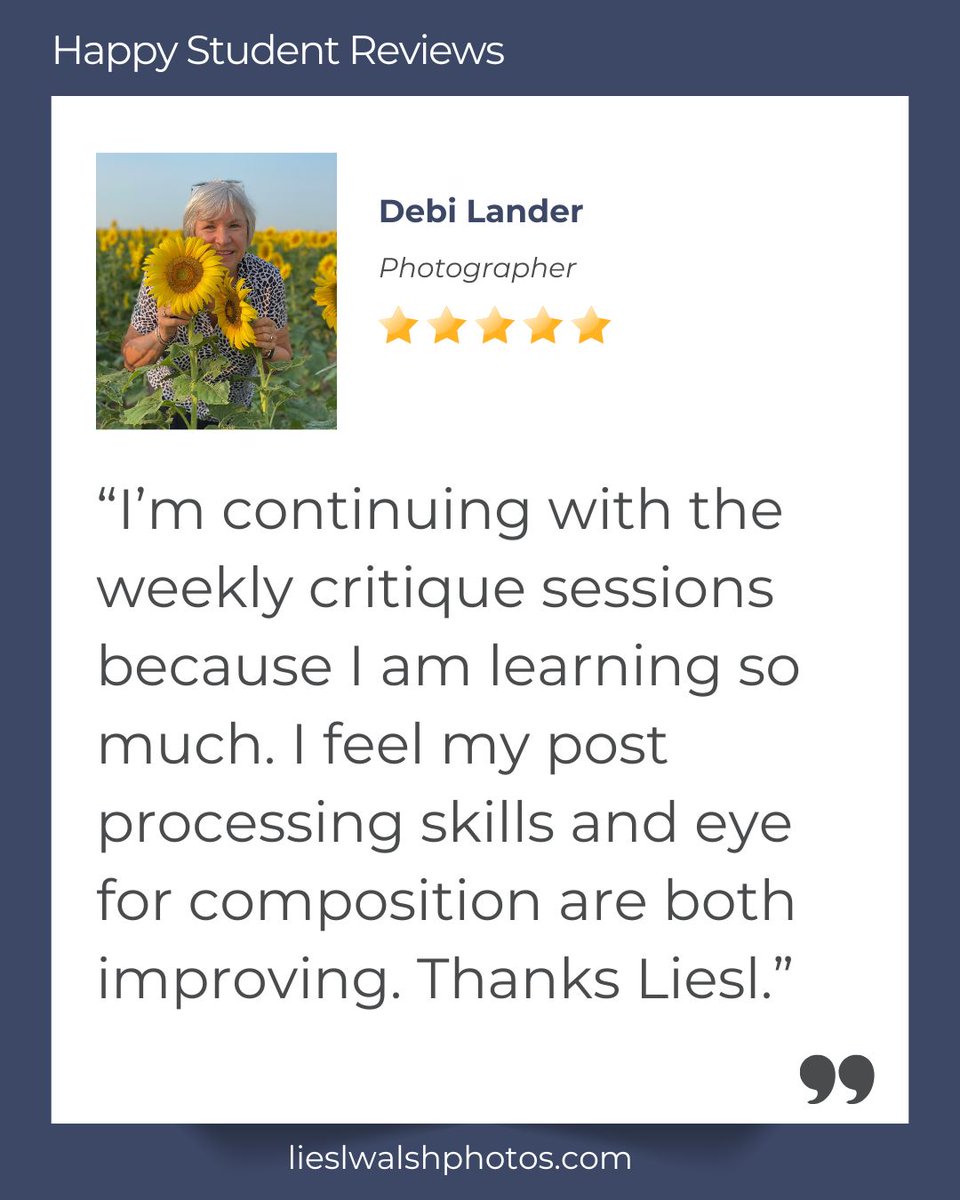 LieslWalsh's tweet image. Received a happy #review from Debi Lander who's taking my #editingclass! Thank you, Debi!
Join my editing zooms free for 30 days and get feedback on your #photos!
lieslwalshphotos.com/mastering-phot…
#lightroom #photoshop #adobelightroom #editingskills #photoediting