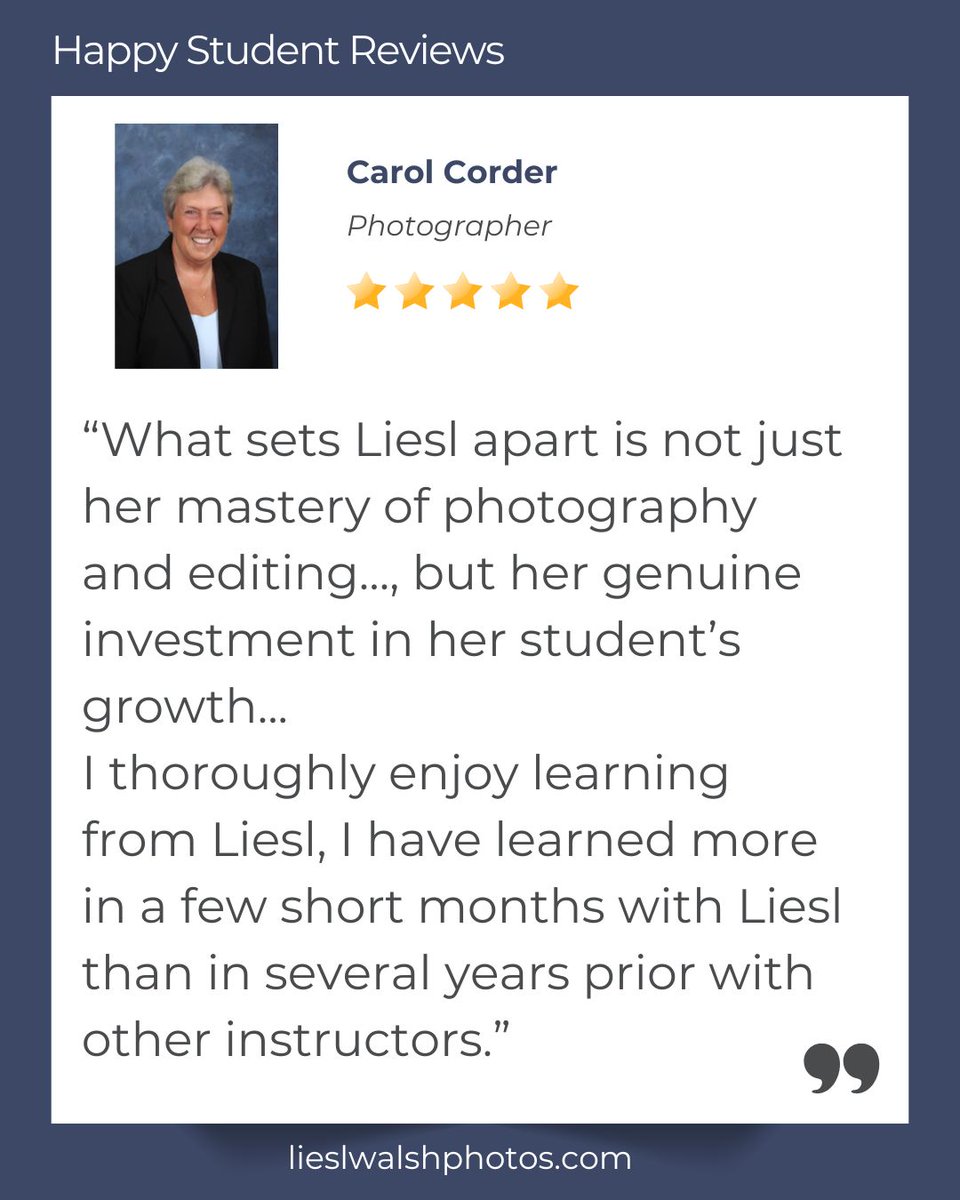 LieslWalsh's tweet image. Received a happy #review from Carol Corder who's taking my #editingclass! Thank you, Carol!
Join my editing zooms free for 30 days and get feedback on your #photos!
lieslwalshphotos.com/mastering-phot…
#lightroom #photoshop #adobelightroom #editingskills #photoediting