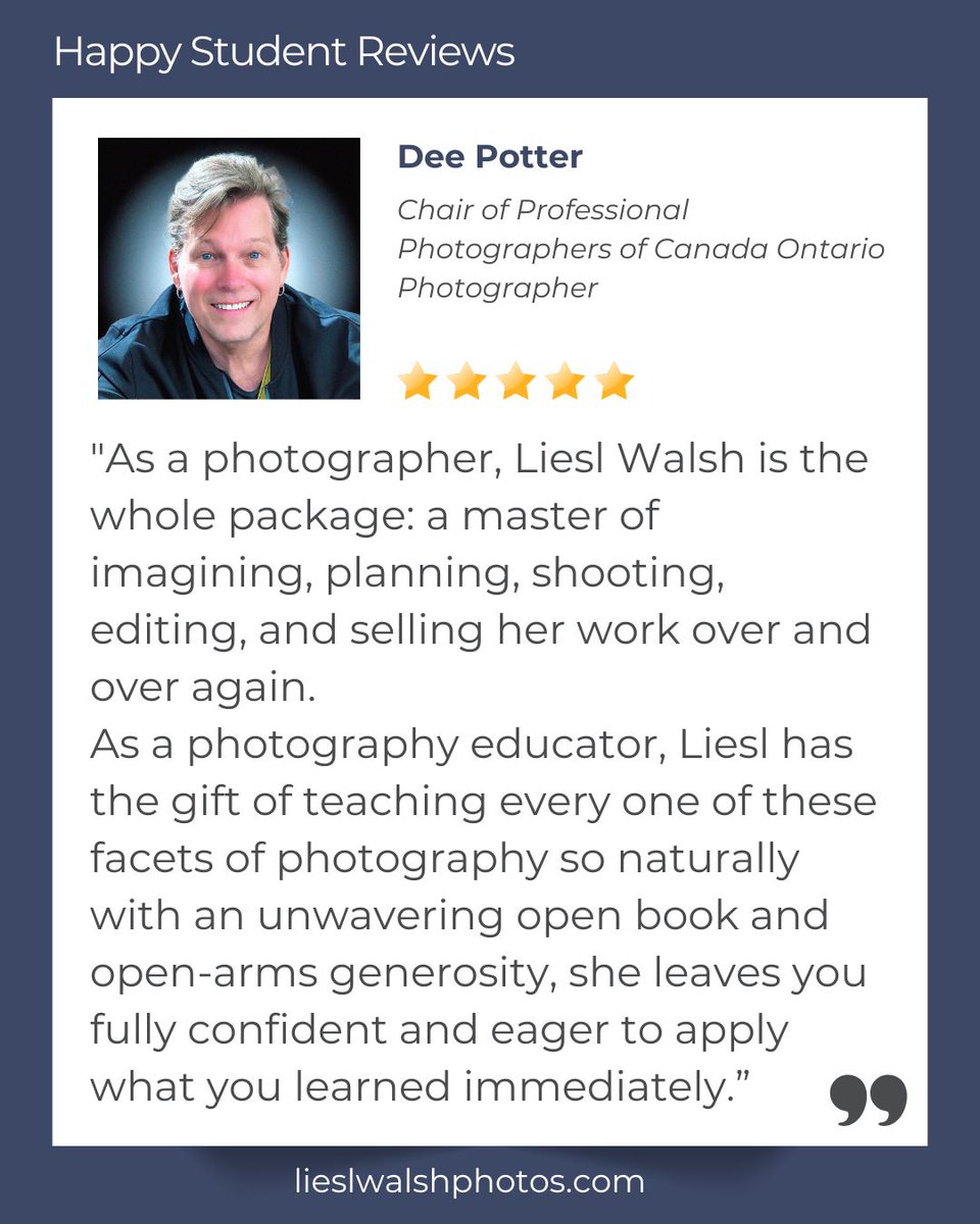 LieslWalsh's tweet image. Received a happy #review from Dee Potter who's taken my #editingclass! Thank you, Dee!
Join my editing zooms free for 30 days and get feedback on your #photos!
lieslwalshphotos.com/mastering-phot…
#lightroom #photoshop #adobelightroom #editingskills #photoediting