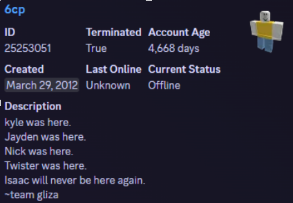 Dynabroth's tweet photo. It looked like for a bit the friend group had disbanded Isaac. Isaac seemed to make a goodbye post in December. (He never left tho)

One Roblox account the group had owned (which was used later on the forums) had a very peculiar bio attached to it.
"kyle was here.
Jayden was here.
Nick was here.
Twister was here.
Isaac will never be here again.
~team gliza"

Each of these names are related to each person here. (Nick being Caleb244, and kyle being wwekyle, the owner of Vilicus)
Except Nate, who didn't sign his name.
Zagiz also had something odd in his bio.