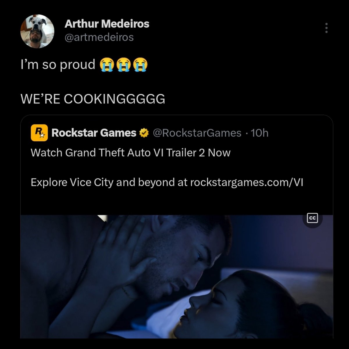 Desenvolvedor BRASILEIRO do GTA 6 diz estar orgulhoso do 2° Trailer do jogo 🇧🇷🔥 

Arthur Medeiros é Programador Gráfico da Rockstar, o jovem nascido em Rio Grande do Sul disse "estou muito orgulhoso 😭😭😭, ESTAMOS COZINHANDO"