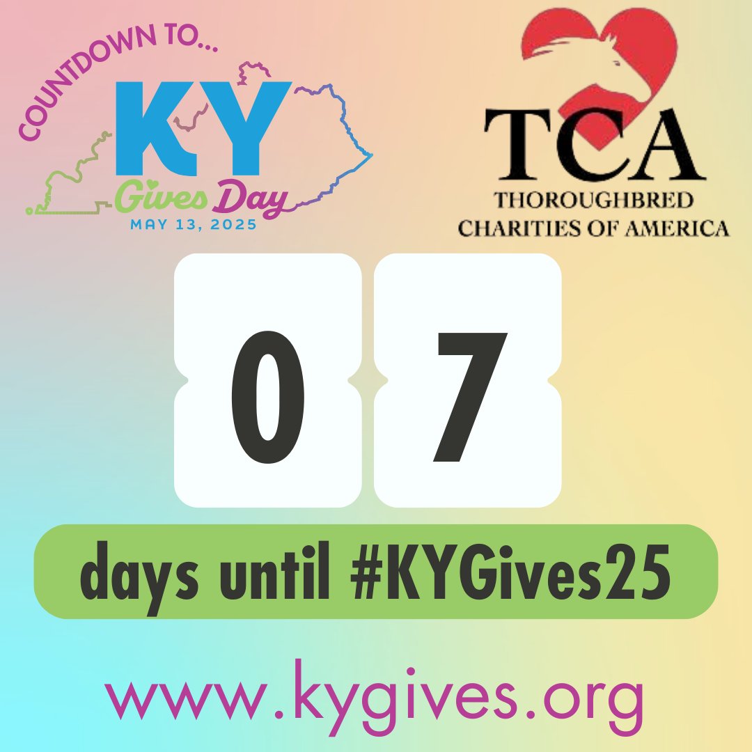 7 DAYS til #KyGivesDay — a 24-hour giving event celebrating generosity across Kentucky.🐎💙
On May 13, support Thoroughbred Charities of America as we fund and facilitate care for both Thoroughbreds and the people who care for them.

📅 Mark your calendar: loom.ly/eCqXaXw