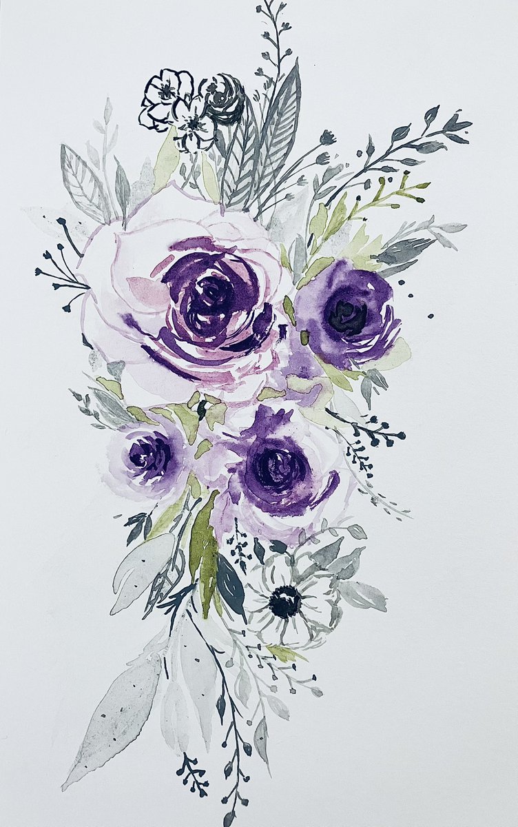 Very minimal colors on this one. A soft grey, purple, black, and a touch of moss green. #watercolor #watercolorpainting