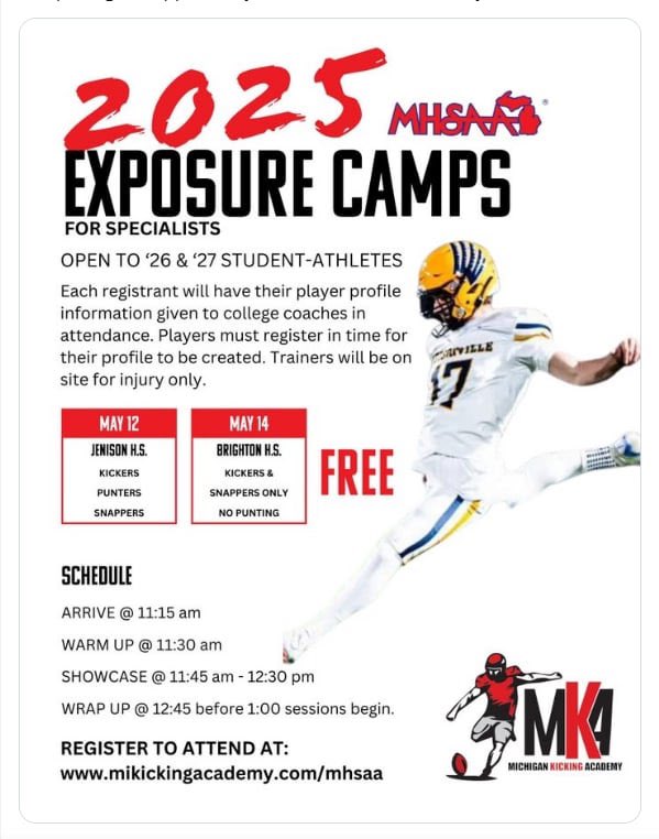 I will be attending the 2025 MHSAA and Michigan Kicking Academy Specialist Exposure Camp at Jenison High School on May 12th. I'm excited to showcase both kicking and punting! <a href="/michiganhsfca/">MHSFCA</a> <a href="/MHSAA/">MHSAA</a> <a href="/mikickacademy/">Michigan Kicking Academy</a> <a href="/AlmaScotsFB/">Alma College Football</a> <a href="/CoachPuckKzoo/">Andrew Puckett</a> <a href="/coachskip54/">Coach Martinez</a> <a href="/CoachHigh40/">AJ High</a>