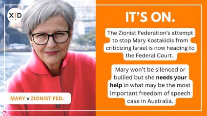 If you support #freespeech in Australia, you can support Mary Kostakidis’ fight to resist attempts to silence her. 

▪️If we can’t even DISCUSS the actions of Israel in Gaza, where is this country headed?

▪️The Zionist Federation's attempt to stop Mary Kostakidis from