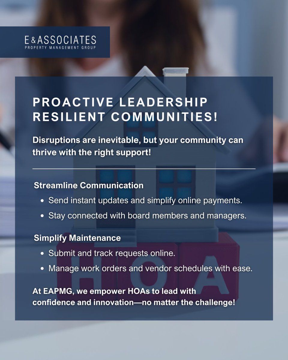 EAPROPERTYMGNT's tweet image. Stay connected and keep your HOA running smoothly with smart communication, digital maintenance tools, and real-time updates. E & Associates ensures your community stays informed, organized, and supported—even during disruptions. Contact us to strengthen your HOA management today