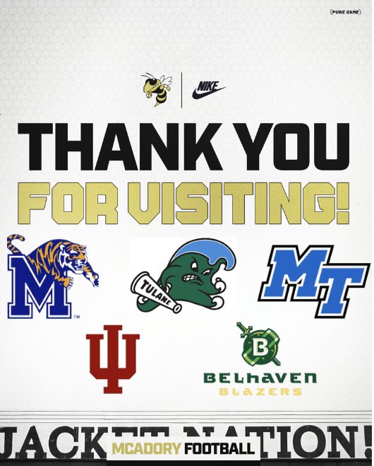 McAdory Football Recruiting (@mcadoryrecruit) on Twitter photo Thank you coaches for stopping by today and recruiting our student athletes!
<a href="/Coach_Smith10/">Larry Smith</a> <a href="/MemphisFB/">Memphis Football</a> <a href="/MemphisFBRec/">Memphis Football Recruiting</a> <a href="/chandlerwhitmer/">Chandler Whitmer</a> <a href="/IndianaFootball/">Indiana Football</a> <a href="/CoachBamHardmon/">Coach Bam Hardmon</a> <a href="/GreenWaveFB/">Tulane Football</a> <a href="/CoachCwill/">Cornelius Williams</a> <a href="/MT_FB/">Middle Tennessee Football</a> <a href="/MTFB_Recruiting/">Middle Tennessee Football Recruiting</a> <a href="/MAsagunla/">Mayowa Asagunla</a> <a href="/BelhavenFB/">Belhaven Football</a> Thank you coaches for stopping by today and recruiting our student athletes!
<a href="/Coach_Smith10/">Larry Smith</a> <a href="/MemphisFB/">Memphis Football</a> <a href="/MemphisFBRec/">Memphis Football Recruiting</a> <a href="/chandlerwhitmer/">Chandler Whitmer</a> <a href="/IndianaFootball/">Indiana Football</a> <a href="/CoachBamHardmon/">Coach Bam Hardmon</a> <a href="/GreenWaveFB/">Tulane Football</a> <a href="/CoachCwill/">Cornelius Williams</a> <a href="/MT_FB/">Middle Tennessee Football</a> <a href="/MTFB_Recruiting/">Middle Tennessee Football Recruiting</a> <a href="/MAsagunla/">Mayowa Asagunla</a> <a href="/BelhavenFB/">Belhaven Football</a>