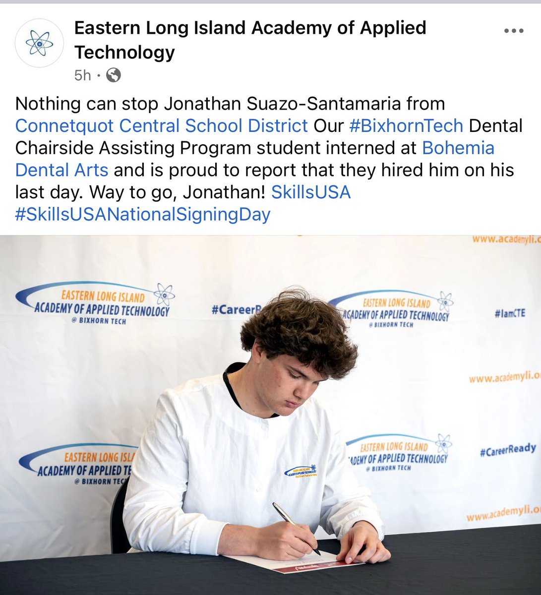 Lauren Neckin (@ap_chs_) on Twitter photo Big congrats to Jonathan Suazo-Santamaria! He crushed it in the #BixhornTech Dental Chairside Assisting Program, landed an internship at Bohemia Dental Arts, and got HIRED on his last day! #careerready <a href="/ConnetquotCSD/">Connetquot CSD</a> <a href="/CHSPrincipal_/">Michael A. Moran</a> Big congrats to Jonathan Suazo-Santamaria! He crushed it in the #BixhornTech Dental Chairside Assisting Program, landed an internship at Bohemia Dental Arts, and got HIRED on his last day! #careerready <a href="/ConnetquotCSD/">Connetquot CSD</a> <a href="/CHSPrincipal_/">Michael A. Moran</a>