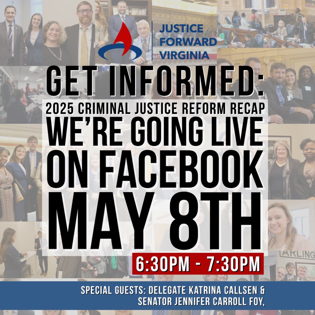 More than ever we need a candid conversation about the state of criminal justice reform in VA. On Thursday we’ll be live on FB for Get Informed: 2025 CJR Recap with special guests <a href="/DelegateCallsen/">Delegate Katrina Callsen</a> and <a href="/JCarrollFoy/">Sen. Jennifer Carroll Foy</a> &amp; JFV’s <a href="/kennedybtd/">Bryan Kennedy</a> and <a href="/BradleyRHaywood/">Brad Haywood</a> facebook.com/share/169PtyXa…