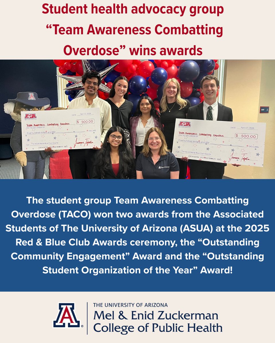 Congratulations to the student group Team Awareness Combatting Overdose (TACO), they won 2 student club awards from the Associated Students of The University of Arizona (ASUA)! The TACO team was presented with two awards!

Learn more here: bit.ly/4iJQWuu