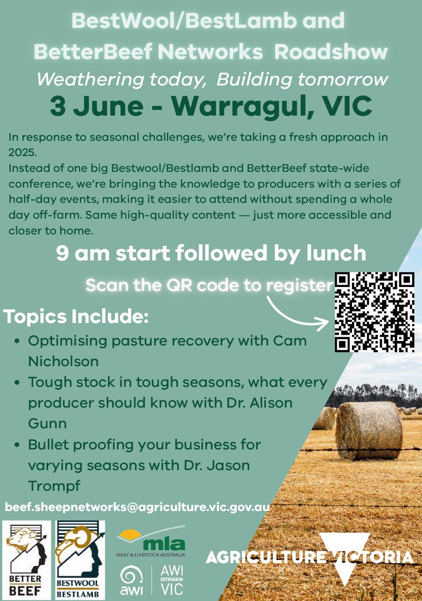 Gippsland Agricultural Group Inc (@gippsland_ag) on Twitter photo The BestWool/BestLamb & BetterBeef Roadshow hits Warragul TOMORROW.
Don’t miss this half-day event packed with practical tools to help you manage pasture recovery, tough seasons, and business resilience.
Your farm, your future — make it count. <a href="/VicGovAg/">Agriculture Victoria</a> The BestWool/BestLamb & BetterBeef Roadshow hits Warragul TOMORROW.
Don’t miss this half-day event packed with practical tools to help you manage pasture recovery, tough seasons, and business resilience.
Your farm, your future — make it count. <a href="/VicGovAg/">Agriculture Victoria</a>