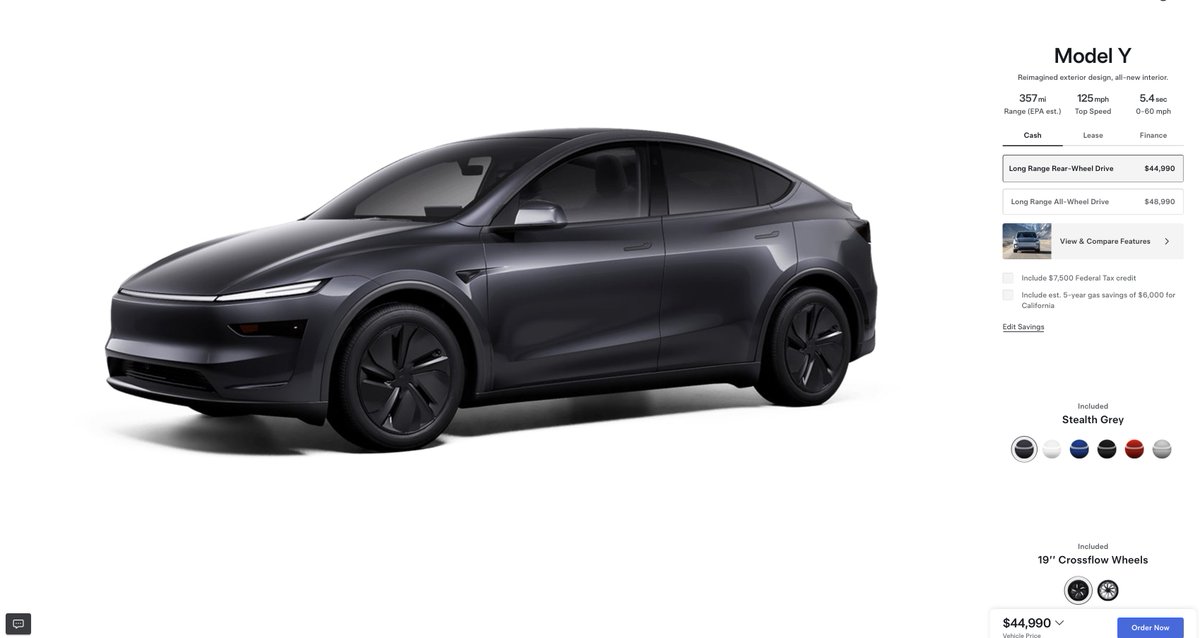 BREAKING: Tesla has launched the Model Y Long Range RWD in the US.

• Starting price: $44,990 ($37,490 including Fed EV credit)
• EPA range: 357 miles
• 0-60mph: 5.4s
